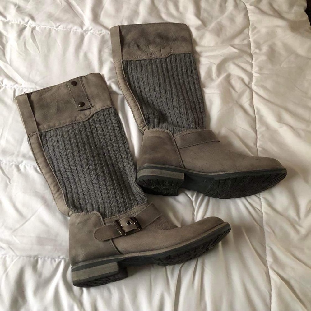 Softmoc, Size 40, Soft Leather And Knit Boots, Grey
